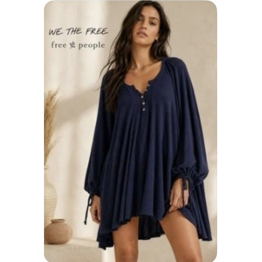 We The Free by Free People Winter Sun Ribbed Henley Tunic Dress Navy Blue Small